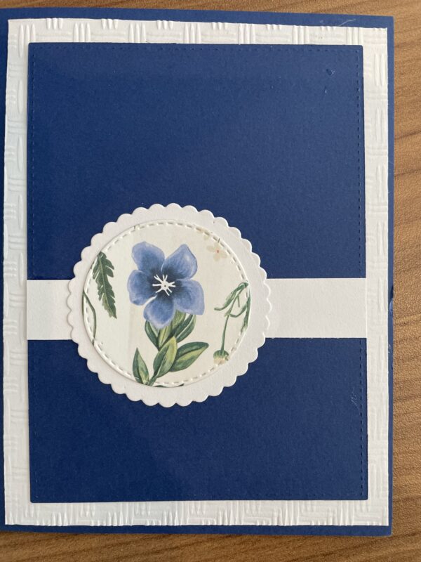 Blue flowers and white and blue background on a blank greeting card