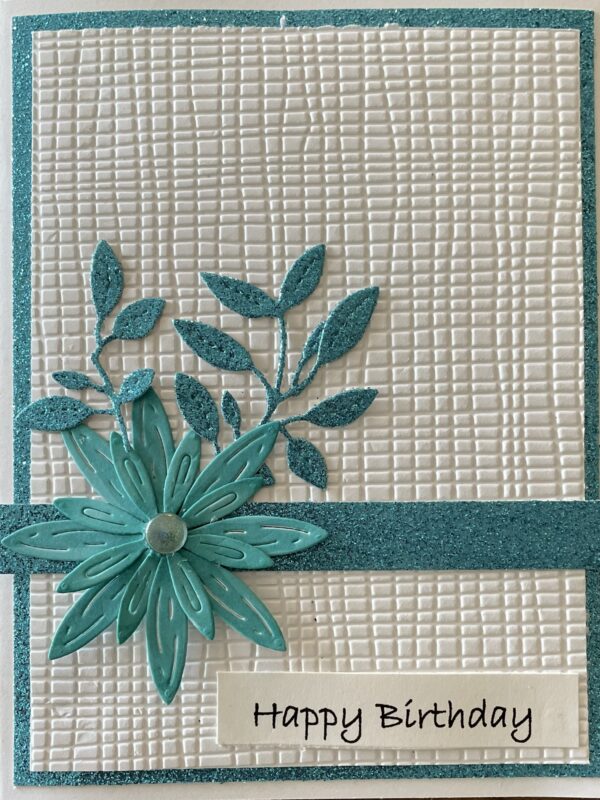 Happy Birthday card with blue and teal flowers