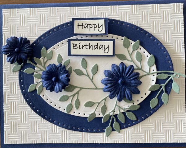 Happy Birthday card with green leaves blue flowers.