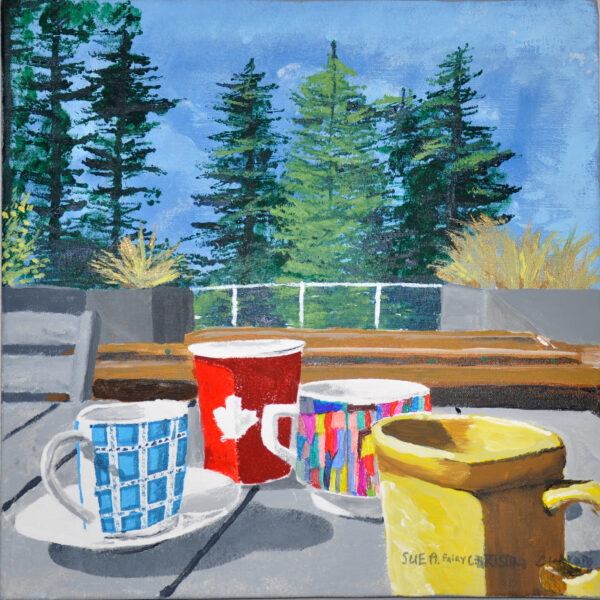 Painting of Various beverage cups on a table with tress in background